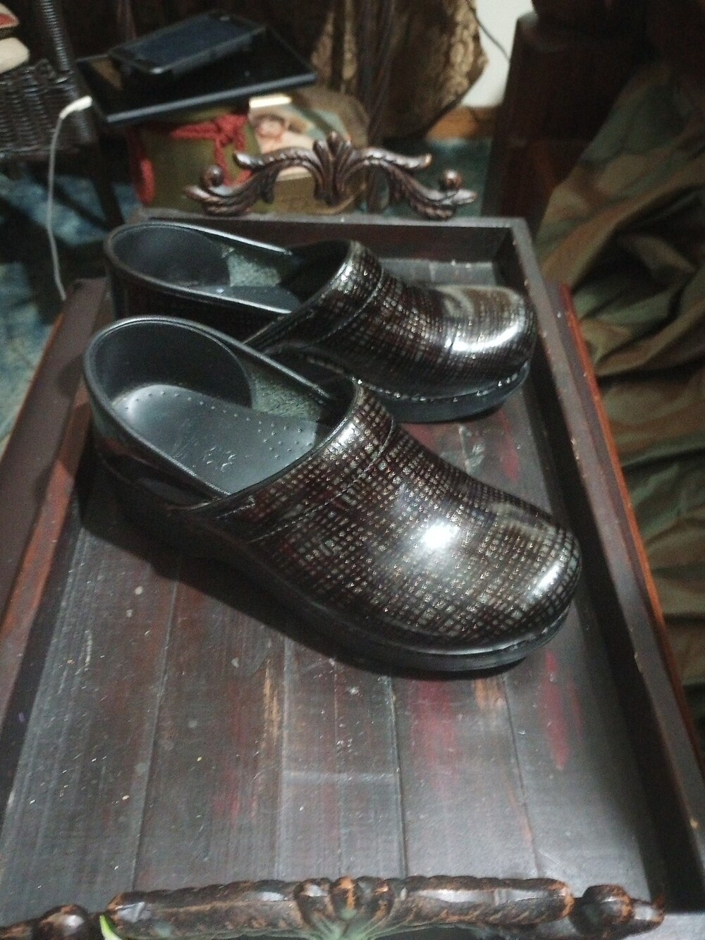 Dansko Black w/ Gold Silver Glitter Lines Plaid Clogs Womens EU 38 / US 7.5-8